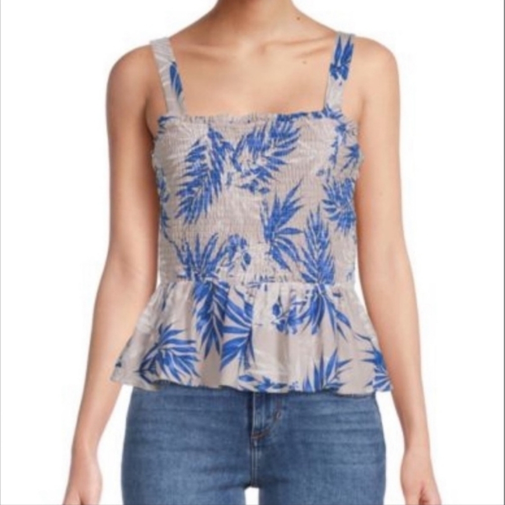 NWT BCBGMAXAZRIA Linen Blend Smocked Peplum Blouse Size Small Cottagecore Beach